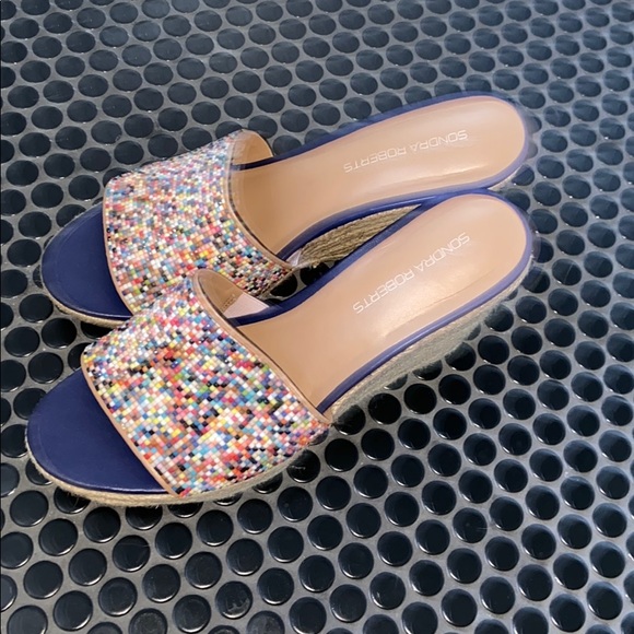 Sondra Roberts Shoes - 3 inch, blue and multi colored tile heels.